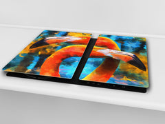 Induction Cooktop Cover Kitchen Board – Impact Resistant Glass Pastry Board; MEASURES: SINGLE: 60 x 52 cm (23,62” x 20,47”); DOUBLE: 30 x 52 cm (11,81” x 20,47”); D37 Animals Series : Colourful flamingos