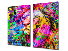 Induction Cooktop Cover Kitchen Board – Impact Resistant Glass Pastry Board; MEASURES: SINGLE: 60 x 52 cm (23,62” x 20,47”); DOUBLE: 30 x 52 cm (11,81” x 20,47”); D37 Animals Series : Colourful lion