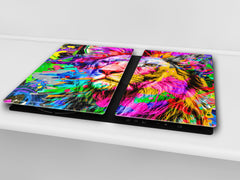 Induction Cooktop Cover Kitchen Board – Impact Resistant Glass Pastry Board; MEASURES: SINGLE: 60 x 52 cm (23,62” x 20,47”); DOUBLE: 30 x 52 cm (11,81” x 20,47”); D37 Animals Series : Colourful lion