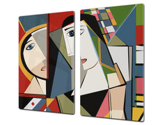 Premium Tempered Glass Cutting Board and Worktop Saver – Glass Pastry Board and Cooktop Cover – MEASURES: SINGLE: 60 x 52 cm; DOUBLE: 2 x 30 x 52 cm; D40 Colorful Illustrations Series : Faces of Cubism