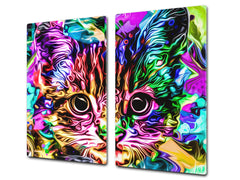 Induction Cooktop Cover Kitchen Board – Impact Resistant Glass Pastry Board; MEASURES: SINGLE: 60 x 52 cm (23,62” x 20,47”); DOUBLE: 30 x 52 cm (11,81” x 20,47”); D37 Animals Series : Colourful cat