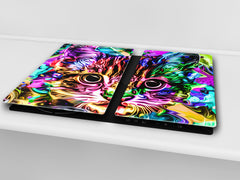 Induction Cooktop Cover Kitchen Board – Impact Resistant Glass Pastry Board; MEASURES: SINGLE: 60 x 52 cm (23,62” x 20,47”); DOUBLE: 30 x 52 cm (11,81” x 20,47”); D37 Animals Series : Colourful cat