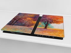 Premium Tempered Glass Cutting Board and Worktop Saver – Glass Pastry Board and Cooktop Cover – MEASURES: SINGLE: 60 x 52 cm; DOUBLE: 2 x 30 x 52 cm; D40 Colorful Illustrations Series : Orange Leaves