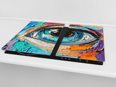 Premium Tempered Glass Cutting Board and Worktop Saver – Glass Pastry Board and Cooktop Cover – MEASURES: SINGLE: 60 x 52 cm; DOUBLE: 2 x 30 x 52 cm; D40 Colorful Illustrations Series : Multicolored Eye 1