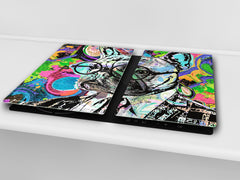 Induction Cooktop Cover Kitchen Board – Impact Resistant Glass Pastry Board; MEASURES: SINGLE: 60 x 52 cm (23,62” x 20,47”); DOUBLE: 30 x 52 cm (11,81” x 20,47”); D37 Animals Series : Colourful bulldog