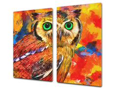 Induction Cooktop Cover Kitchen Board – Impact Resistant Glass Pastry Board; MEASURES: SINGLE: 60 x 52 cm (23,62” x 20,47”); DOUBLE: 30 x 52 cm (11,81” x 20,47”); D37 Animals Series : Colourful owl