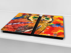 Induction Cooktop Cover Kitchen Board – Impact Resistant Glass Pastry Board; MEASURES: SINGLE: 60 x 52 cm (23,62” x 20,47”); DOUBLE: 30 x 52 cm (11,81” x 20,47”); D37 Animals Series : Colourful owl