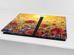Premium Tempered Glass Cutting Board and Worktop Saver – Glass Pastry Board and Cooktop Cover – MEASURES: SINGLE: 60 x 52 cm; DOUBLE: 2 x 30 x 52 cm; D40 Colorful Illustrations Series : Impressionist Poppy Field