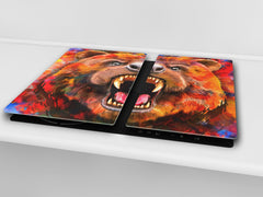 Induction Cooktop Cover Kitchen Board – Impact Resistant Glass Pastry Board; MEASURES: SINGLE: 60 x 52 cm (23,62” x 20,47”); DOUBLE: 30 x 52 cm (11,81” x 20,47”); D37 Animals Series : Colourful bear