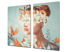 Chopping Board - Induction Cooktop Cover - Glass Cutting Board – Impact & Shatter Resistant – MEASURES: SINGLE: 60 x 52 cm; DOUBLE: 2 x 30 x 52 cm; D42 Modern Art Series : Blooming Lady