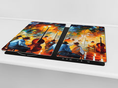 Premium Tempered Glass Cutting Board and Worktop Saver – Glass Pastry Board and Cooktop Cover – MEASURES: SINGLE: 60 x 52 cm; DOUBLE: 2 x 30 x 52 cm; D40 Colorful Illustrations Series : Impressionist Music Performance