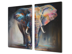 Premium Tempered Glass Cutting Board and Worktop Saver – Glass Pastry Board and Cooktop Cover – MEASURES: SINGLE: 60 x 52 cm; DOUBLE: 2 x 30 x 52 cm; D40 Colorful Illustrations Series : The Elephant in Vivid Hues