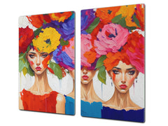 Premium Tempered Glass Cutting Board and Worktop Saver – Glass Pastry Board and Cooktop Cover – MEASURES: SINGLE: 60 x 52 cm; DOUBLE: 2 x 30 x 52 cm; D40 Colorful Illustrations Series : Flower Faces