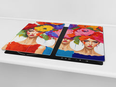 Premium Tempered Glass Cutting Board and Worktop Saver – Glass Pastry Board and Cooktop Cover – MEASURES: SINGLE: 60 x 52 cm; DOUBLE: 2 x 30 x 52 cm; D40 Colorful Illustrations Series : Flower Faces