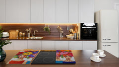 Premium Tempered Glass Cutting Board and Worktop Saver – Glass Pastry Board and Cooktop Cover – MEASURES: SINGLE: 60 x 52 cm; DOUBLE: 2 x 30 x 52 cm; D40 Colorful Illustrations Series : Flower Faces
