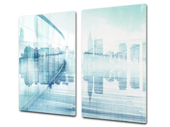 Chopping Board Set - Induction Cooktop Cover –Glass Cutting Board; MEASURES: SINGLE: 60 x 52 cm (23,62” x 20,47”); DOUBLE: 30 x 52 cm (11,81” x 20,47”); D39 Miscellaneous Series : Abstract cityscape 1