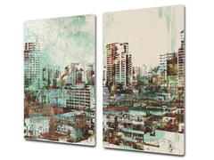 Chopping Board Set - Induction Cooktop Cover –Glass Cutting Board; MEASURES: SINGLE: 60 x 52 cm (23,62” x 20,47”); DOUBLE: 30 x 52 cm (11,81” x 20,47”); D39 Miscellaneous Series : Abstract cityscape 2