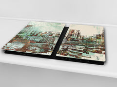 Chopping Board Set - Induction Cooktop Cover –Glass Cutting Board; MEASURES: SINGLE: 60 x 52 cm (23,62” x 20,47”); DOUBLE: 30 x 52 cm (11,81” x 20,47”); D39 Miscellaneous Series : Abstract cityscape 2