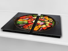 Induction Cooktop Cover –Shatter Resistant Glass Kitchen Board – Hob cover; MEASURES: SINGLE: 60 x 52 cm (23,62” x 20,47”); DOUBLE: 30 x 52 cm (11,81” x 20,47”); D38 Herbs and spices Series : Grilled vegetables