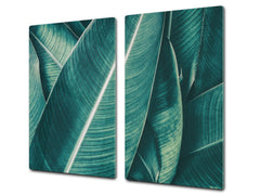 Tempered GLASS Cutting Board – Worktop saver and Pastry Board –- Glass Kitchen Board; MEASURES: SINGLE: 60 x 52 cm (23,62” x 20,47”); DOUBLE: 30 x 52 cm (11,81” x 20,47”); D34 Nature Series: Tropical leaves texture