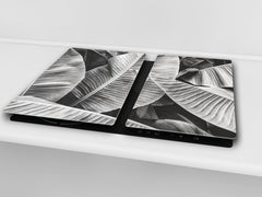 Tempered GLASS Cutting Board – Worktop saver and Pastry Board –- Glass Kitchen Board; MEASURES: SINGLE: 60 x 52 cm (23,62” x 20,47”); DOUBLE: 30 x 52 cm (11,81” x 20,47”); D34 Nature Series: Black and white banana leaves