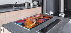 BIG KITCHEN BOARD & Induction Cooktop Cover – Glass Pastry Board – SINGLE: 80 x 52 cm (31,5” x 20,47”); DOUBLE: 40 x 52 cm (15,75” x 20,47”); DD47 Animals Series : Colourful elephant