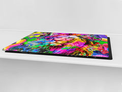 BIG KITCHEN BOARD & Induction Cooktop Cover – Glass Pastry Board – SINGLE: 80 x 52 cm (31,5” x 20,47”); DOUBLE: 40 x 52 cm (15,75” x 20,47”); DD47 Animals Series : Colourful lion