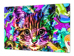 BIG KITCHEN BOARD & Induction Cooktop Cover – Glass Pastry Board – SINGLE: 80 x 52 cm (31,5” x 20,47”); DOUBLE: 40 x 52 cm (15,75” x 20,47”); DD47 Animals Series : Colourful cat