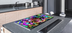 BIG KITCHEN BOARD & Induction Cooktop Cover – Glass Pastry Board – SINGLE: 80 x 52 cm (31,5” x 20,47”); DOUBLE: 40 x 52 cm (15,75” x 20,47”); DD47 Animals Series : Colourful cat