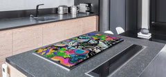 BIG KITCHEN BOARD & Induction Cooktop Cover – Glass Pastry Board – SINGLE: 80 x 52 cm (31,5” x 20,47”); DOUBLE: 40 x 52 cm (15,75” x 20,47”); DD47 Animals Series : Colourful bulldog