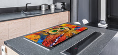 BIG KITCHEN BOARD & Induction Cooktop Cover – Glass Pastry Board – SINGLE: 80 x 52 cm (31,5” x 20,47”); DOUBLE: 40 x 52 cm (15,75” x 20,47”); DD47 Animals Series : Colourful owl