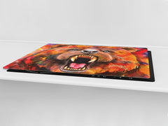 BIG KITCHEN BOARD & Induction Cooktop Cover – Glass Pastry Board – SINGLE: 80 x 52 cm (31,5” x 20,47”); DOUBLE: 40 x 52 cm (15,75” x 20,47”); DD47 Animals Series : Colourful bear