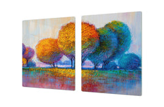 UNIQUE Tempered GLASS Kitchen Board – Impact & Scratch Resistant Cooktop cover – SINGLE: 80 x 52 cm; DOUBLE: 40 x 52 cm; DD45 Art Series : Colourful trees 1