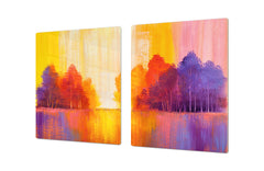 UNIQUE Tempered GLASS Kitchen Board – Impact & Scratch Resistant Cooktop cover – SINGLE: 80 x 52 cm; DOUBLE: 40 x 52 cm; DD45 Art Series : Colourful trees 2