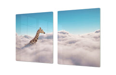 ENORMOUS Tempered GLASS Chopping Board - Induction Cooktop Cover – SINGLE: 80 x 52 cm; DOUBLE: 40 x 52 cm; DD51 : Giraffe above Clouds