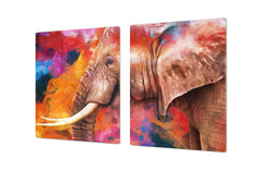 BIG KITCHEN BOARD & Induction Cooktop Cover – Glass Pastry Board – SINGLE: 80 x 52 cm (31,5” x 20,47”); DOUBLE: 40 x 52 cm (15,75” x 20,47”); DD47 Animals Series : Colourful elephant