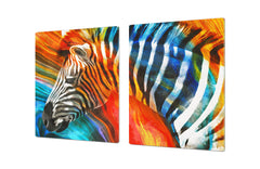BIG KITCHEN BOARD & Induction Cooktop Cover – Glass Pastry Board – SINGLE: 80 x 52 cm (31,5” x 20,47”); DOUBLE: 40 x 52 cm (15,75” x 20,47”); DD47 Animals Series : Colourful zebra