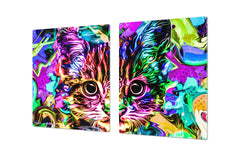 BIG KITCHEN BOARD & Induction Cooktop Cover – Glass Pastry Board – SINGLE: 80 x 52 cm (31,5” x 20,47”); DOUBLE: 40 x 52 cm (15,75” x 20,47”); DD47 Animals Series : Colourful cat
