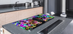 BIG KITCHEN BOARD & Induction Cooktop Cover – Glass Pastry Board – SINGLE: 80 x 52 cm (31,5” x 20,47”); DOUBLE: 40 x 52 cm (15,75” x 20,47”); DD47 Animals Series : Colourful cat