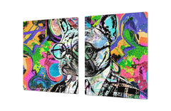 BIG KITCHEN BOARD & Induction Cooktop Cover – Glass Pastry Board – SINGLE: 80 x 52 cm (31,5” x 20,47”); DOUBLE: 40 x 52 cm (15,75” x 20,47”); DD47 Animals Series : Colourful bulldog