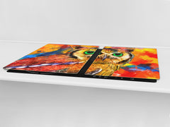 BIG KITCHEN BOARD & Induction Cooktop Cover – Glass Pastry Board – SINGLE: 80 x 52 cm (31,5” x 20,47”); DOUBLE: 40 x 52 cm (15,75” x 20,47”); DD47 Animals Series : Colourful owl