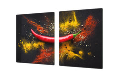 GIGANTIC CUTTING BOARD and Cooktop Cover - Glass Kitchen Board;SINGLE: 80 x 52 cm (31,5” x 20,47”); DOUBLE: 40 x 52 cm (15,75” x 20,47”); DD48 Herbs and spices Series : Chilli pepper