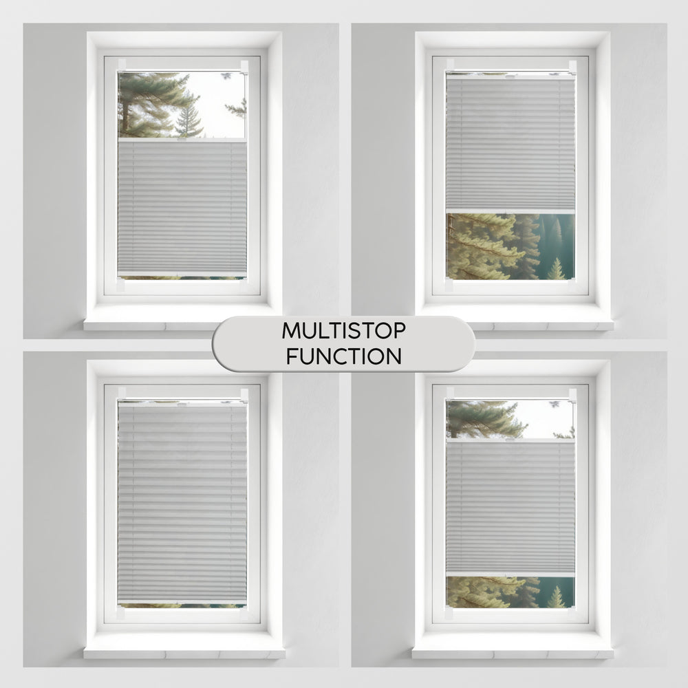 Four window panes with blinds and a label indicating 'Multistop Function' on a gray background.