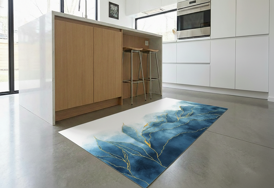 Precision Floor Mat - Innovative Custom PVC Mat for Home, Kitchen & Playrooms – Water Resistant, Stain-Proof & Kids-Safe - Vibrant Designs with Adjustable Sizes from 20x20 cm up to 200x300 cm : Blue marble leaves