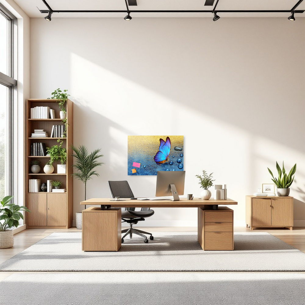 Modern office setup with a desk, chair, and bookshelf.