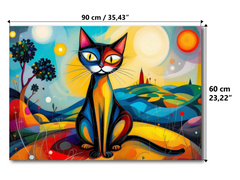 Magnetic metal board with a colourful cat design with dimensions indicated