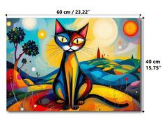 Magnetic metal board with a colourful cat design with dimensions indicated