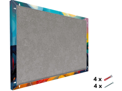 Side angle view of magnetic metal board showing slim profile and installation accessories on a white background
