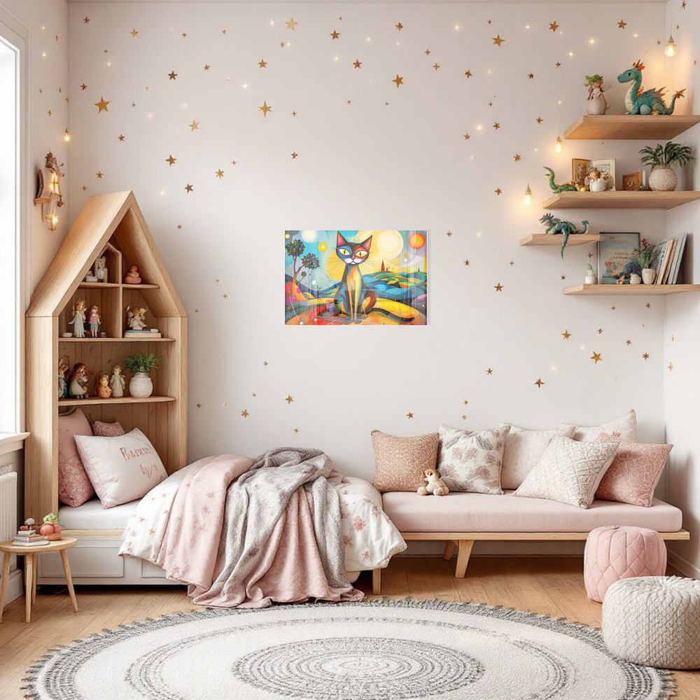 Metal magnetic board with a colourful cat design in a c hildren's bedroom with star-patterned wall.