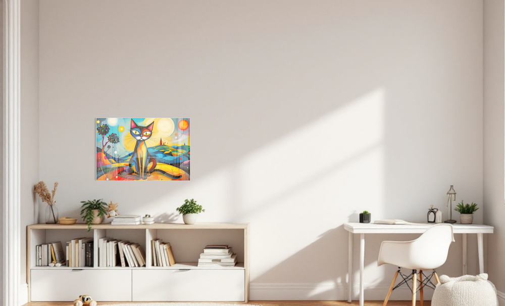 Metal bulletin board with a colorful cat design on a wall above a white shelf with books and decor, in a bright room.